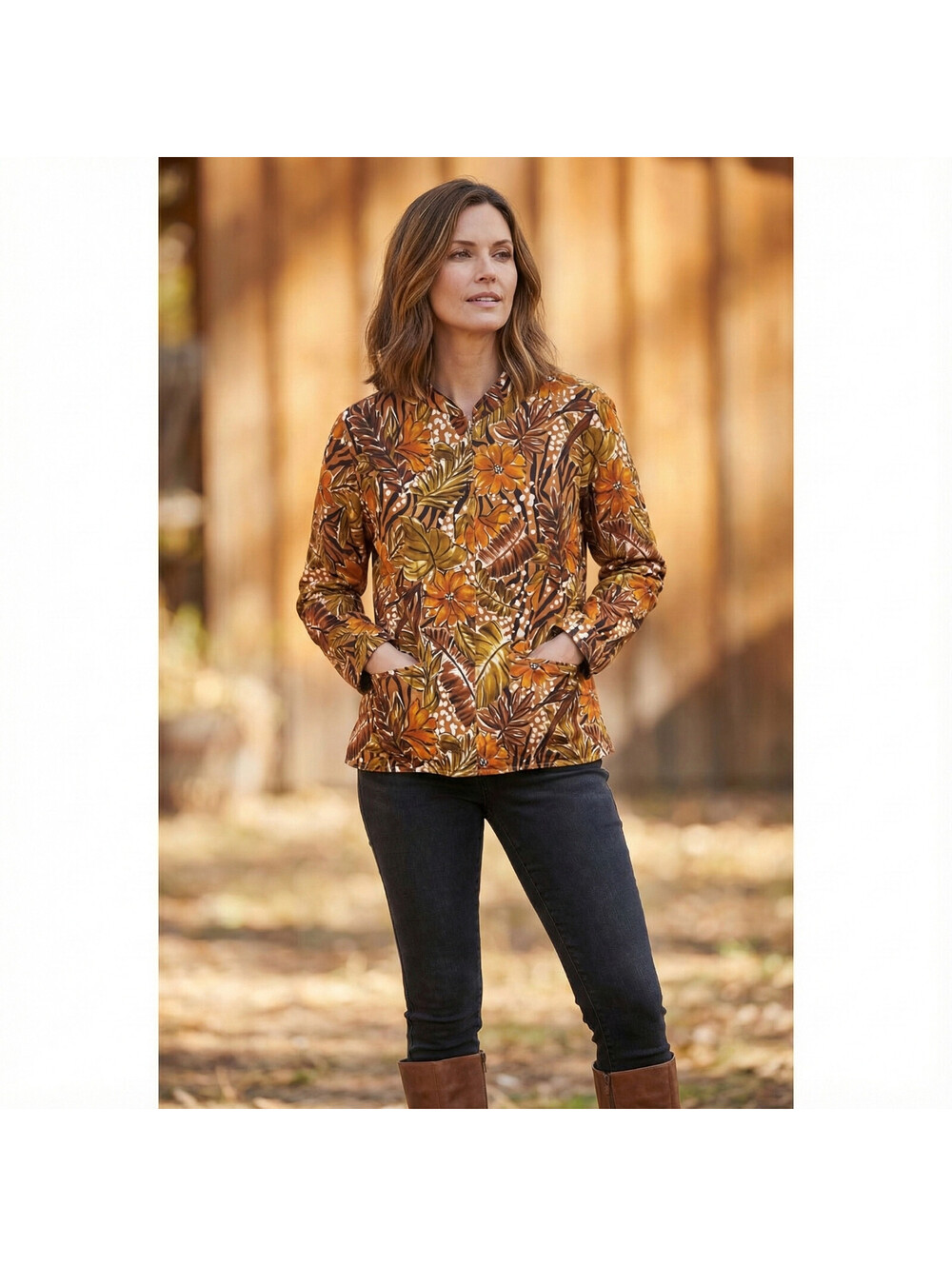 Laura Ashley Button Up Jacket Womens Large Orange Brown Leaves Fall Winter Layer